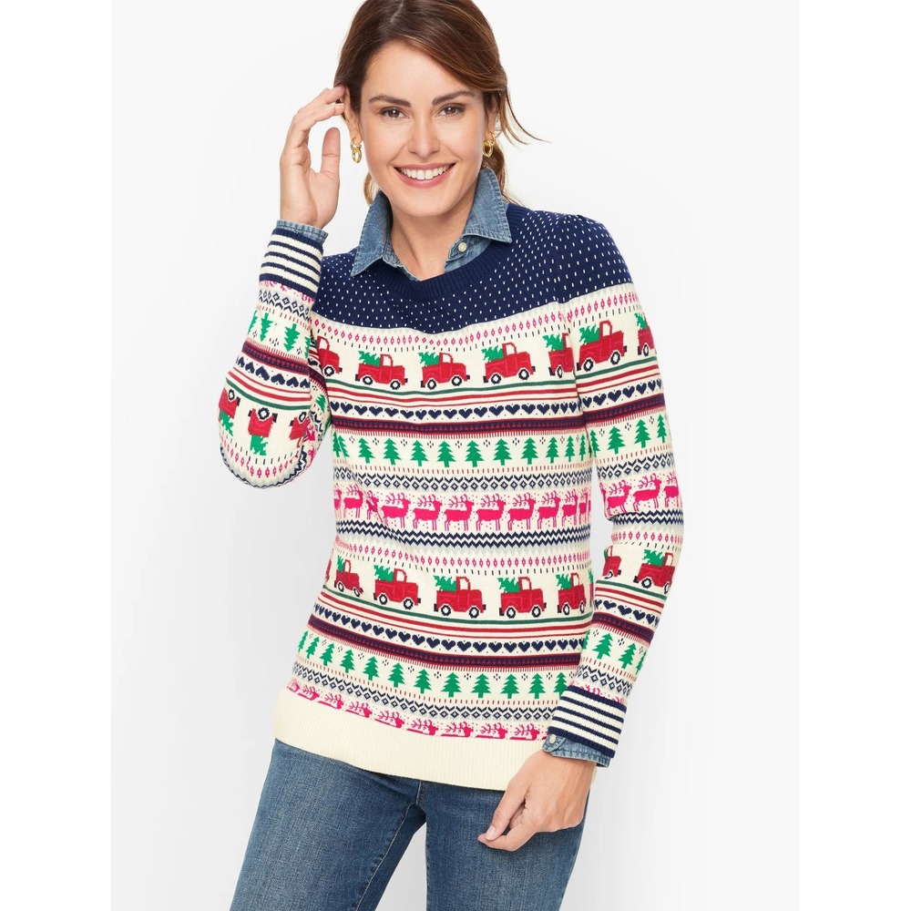 Talbots Fair Isle Holiday Sweater Womens S Navy Red Truck Puff Sleeve Christmas
